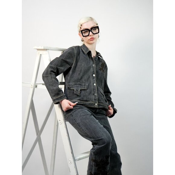 Y2k Yukoka Gray Denim Flower Embroidered Jean Set - Picture 4 of 8